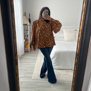 Express Brown and White Blouse w/ Puff Sleeves